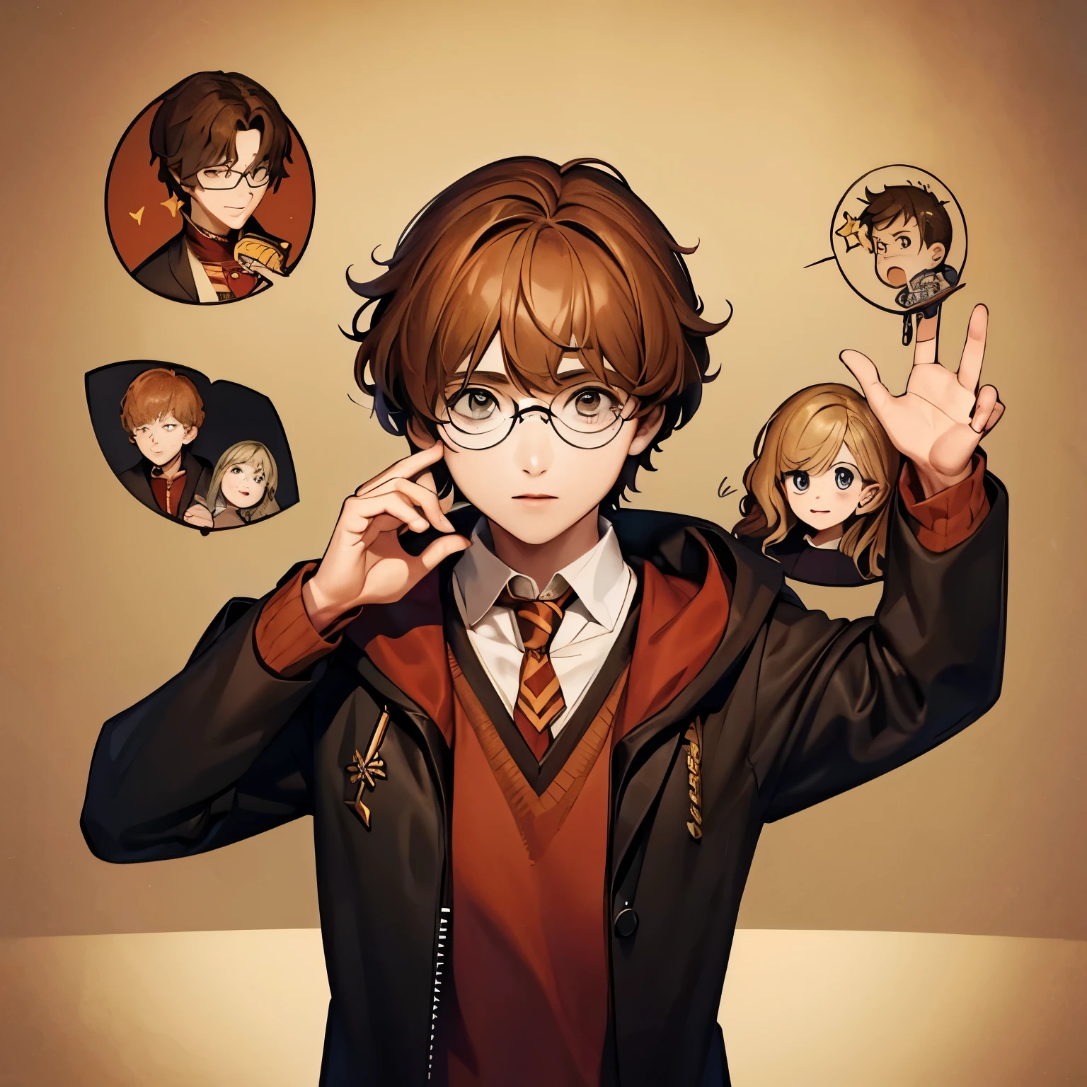 make a picture of Harry Potter with Hermione and Ron on a darkbrown background