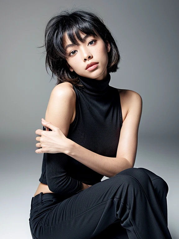 pose of a woman with a cropped half opened black turtle neck with short layered white hair, chin-length hair, ultra hot young sexy woman ,french bob, bangs, waist up pose , upper knees pose , alluring , damp , cleavage