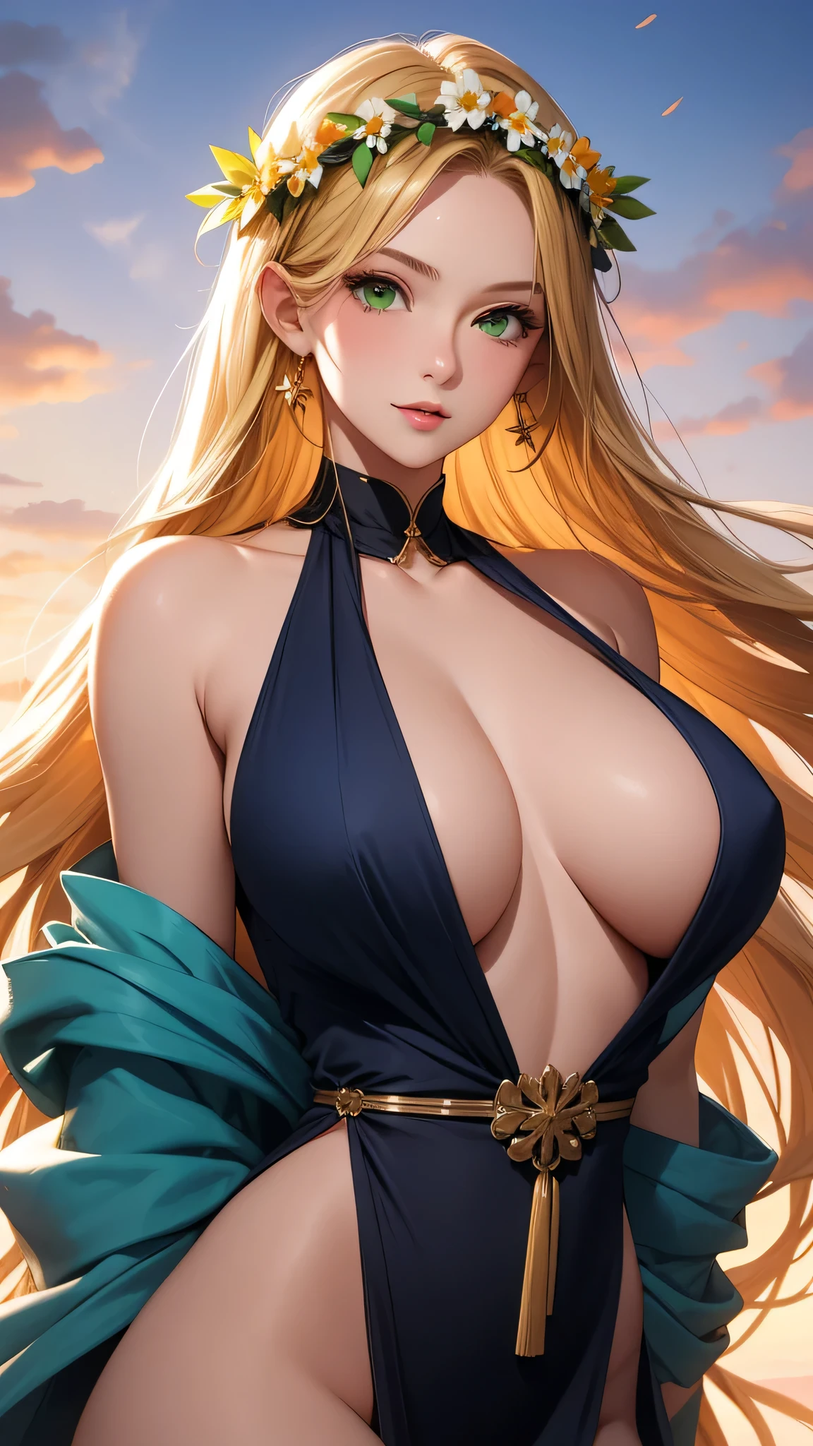 Best quality, 30yo woman, big breasts, blonde long hair, green eyes, sexy thin dark blue robes, sunset, thin fabric, upper body, sexy, angelic, flower crown, skimpy,