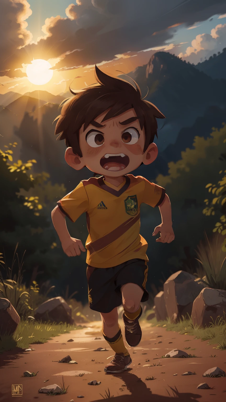 A 12-year-old male , with short, messy brown hair and brown eyes, is wearing the Brazilian national soccer team shirt in its vibrant yellow color. He is happily running alone in a beautiful mountainous landscape during the golden hour. Sudden fear and shock take over him as he is grabbed from behind, his mouth wide open in a scream. The sun sets behind dark clouds overhead, casting long shadows on the ground. The scene is captured in ultra-high definition, with intricate details and lifelike textures. His frightened, red-eyed expression is a stark contrast to the peaceful surroundings. The image is both sharp and emotionally evocative.