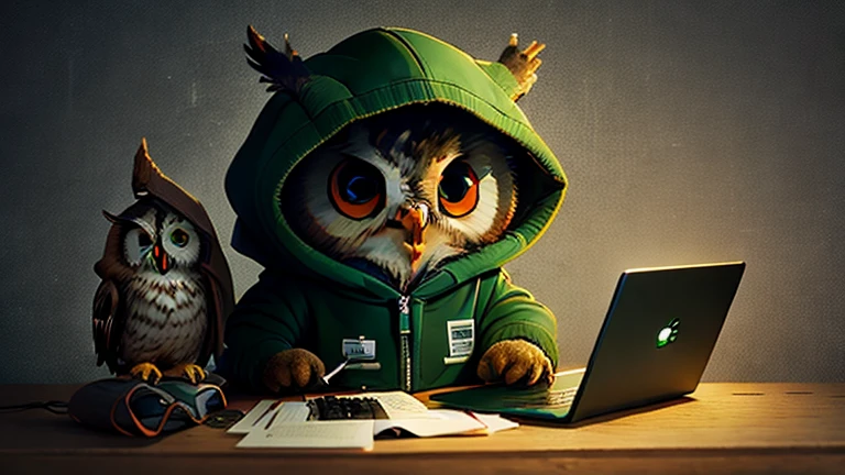 a mascot for a coding challenge resembling an owl, wearing a dark-green hoodie,  typing on a laptop