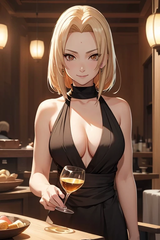 shoulder-length blonde hair, light effect, soft, super clear, high-definition picture, (front), masterpiece, cinematic lighting, Tsunade hokage, orange eyes, blonde hair, 1girl, solo, looking at viewer, smile, large breast, open shoulder, gold-black long dress, wine glass holding, gala dinner