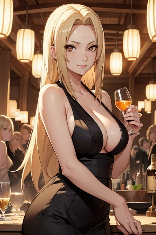 shoulder-length blonde hair, light effect, soft, super clear, high-definition picture, (front), masterpiece, cinematic lighting, Tsunade hokage, orange eyes, blonde hair, 1girl, solo, looking at viewer, smile, large breast, open shoulder, gold-black long dress, wine glass holding, gala dinner