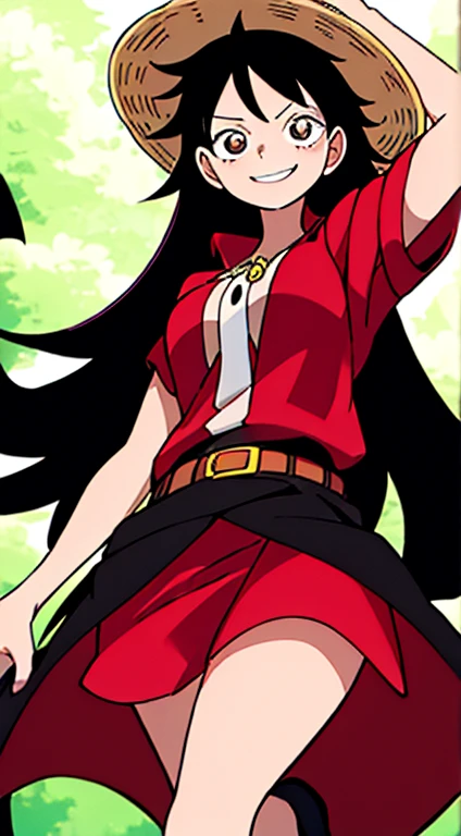 Female version of Monkey D Luffy, 1girl, black long hair, Strawhat, black top, red open coat, black skirt, best quality, masterpiece, smiling, red heels, cute, sexy, scar under left eye, anime, golden belt, extremely beautiful, highres, high quality eyes, ((masterpiece)), (best quality), (extremely detailed), depth of field, sketch, dark intense shadows, sharp focus, soft lighting, hdr, colorful, good composition, spectacular, anime screencap, (Highest quality illustrations:1.2), (Kawaii Girl:1.1), (1girl in, solo:1.5), One pose、Neat and clean image、ultradetailed eyes:1.2), ((black-eyed、Black hair:1.5))、hair wavy、curlyhair、taken from the under,huge smile、hair wavy、BREAK(top-quality、ultra-detailliert、highly detailed and beautiful、超A high resolution、Detailed arm:1.2)、sideways Facing、a closeup、bustup, Wink, beautiful garden in background,