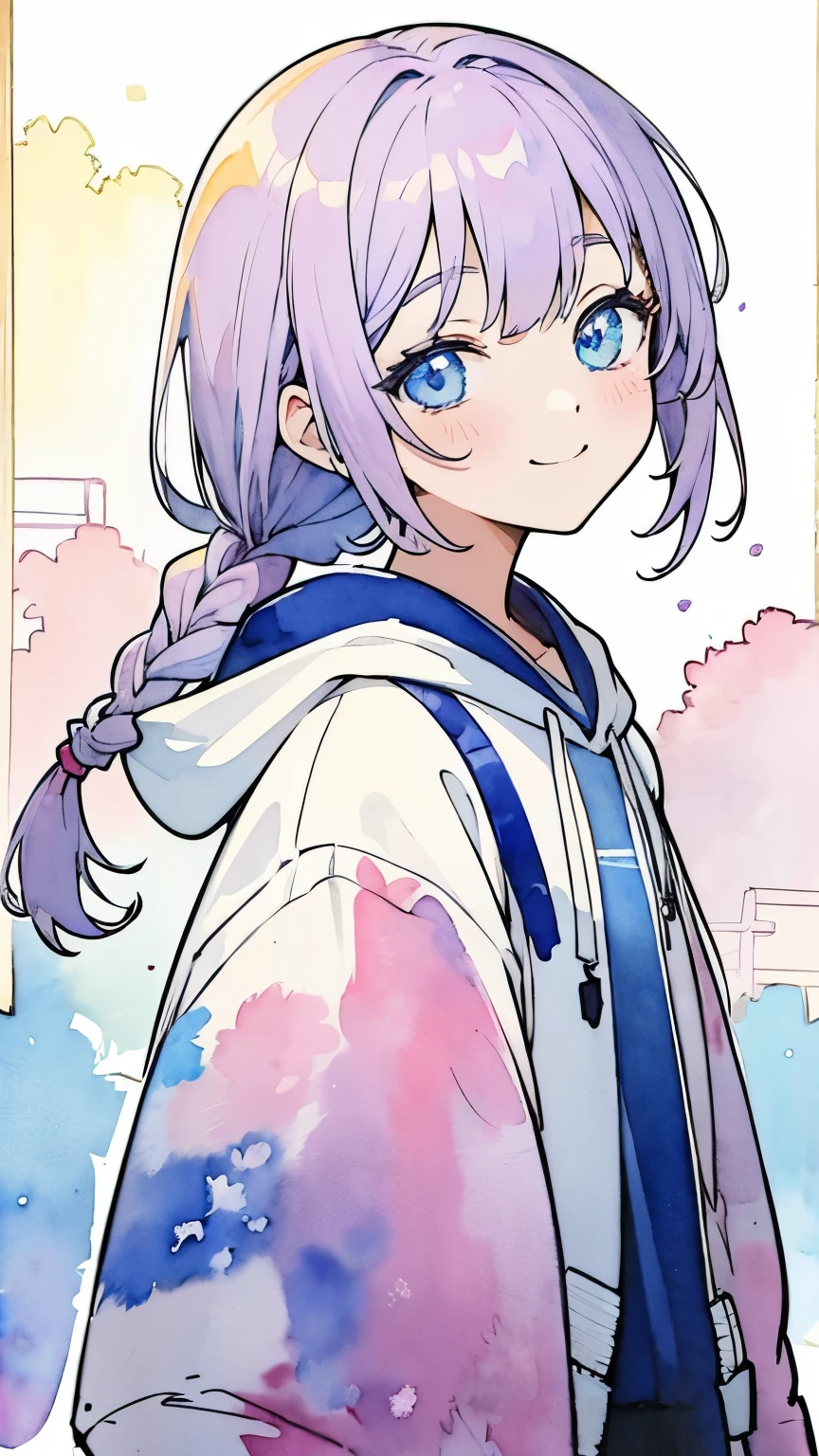 Line art, masterpiece, highest quality, Super Detail、Braid、Oversized hoodie,smile,(((Watercolor touch))),Light purple hair、Beautiful bright blue eyes