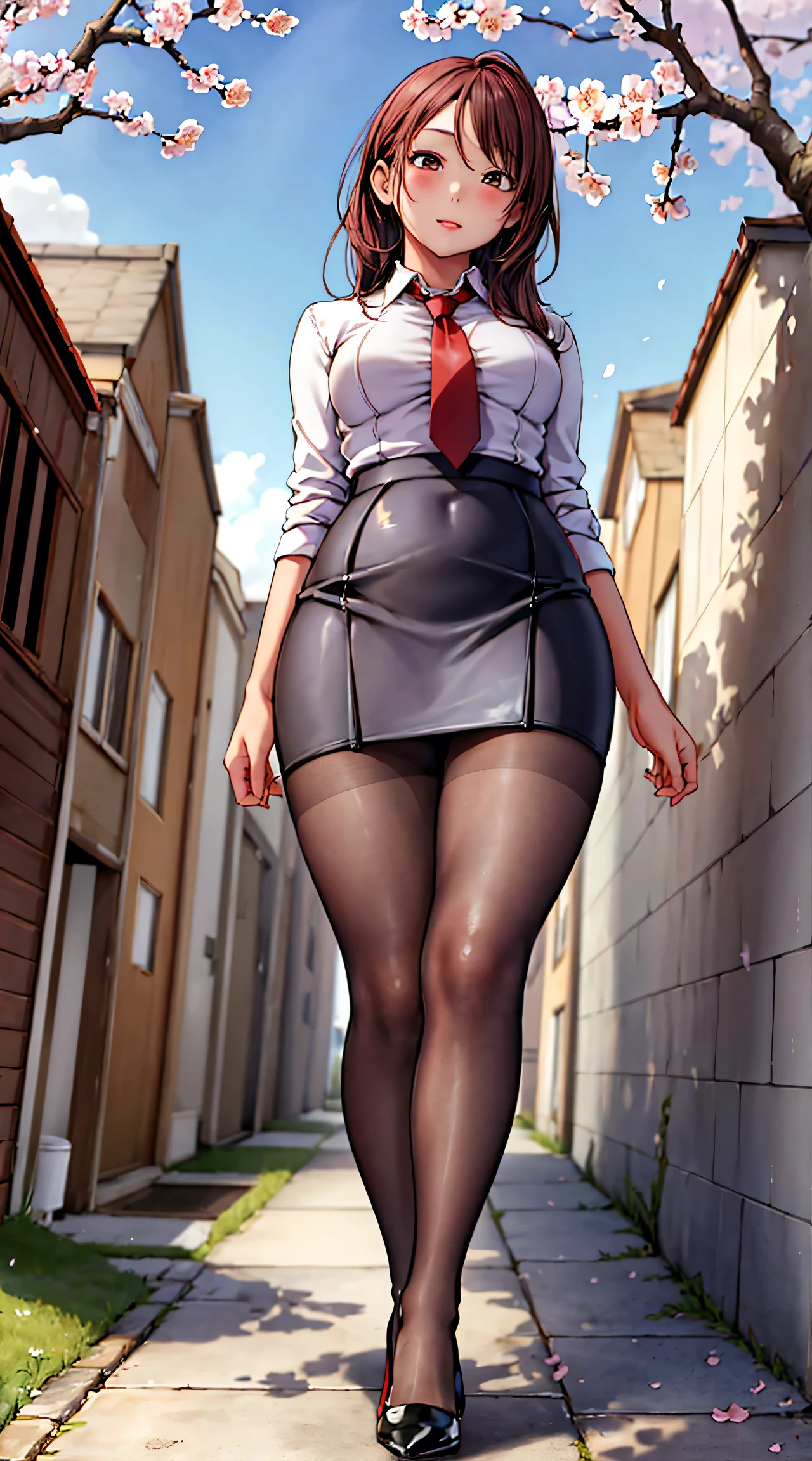 masterpiece, best quality,4girl,young girl, plum_pie eyes, brown, choppy bob,envious _face,shiny skin,medium breasts,nice leg line:1.3,thick thighs, thin waist,, thighhighs,necktie,((pencil skirt)),red color high heels, pantyhose, , Pathway_lined_with_blooming_cherry_blossom_trees,,looking at viewer,from below,full body, legsupsexms,