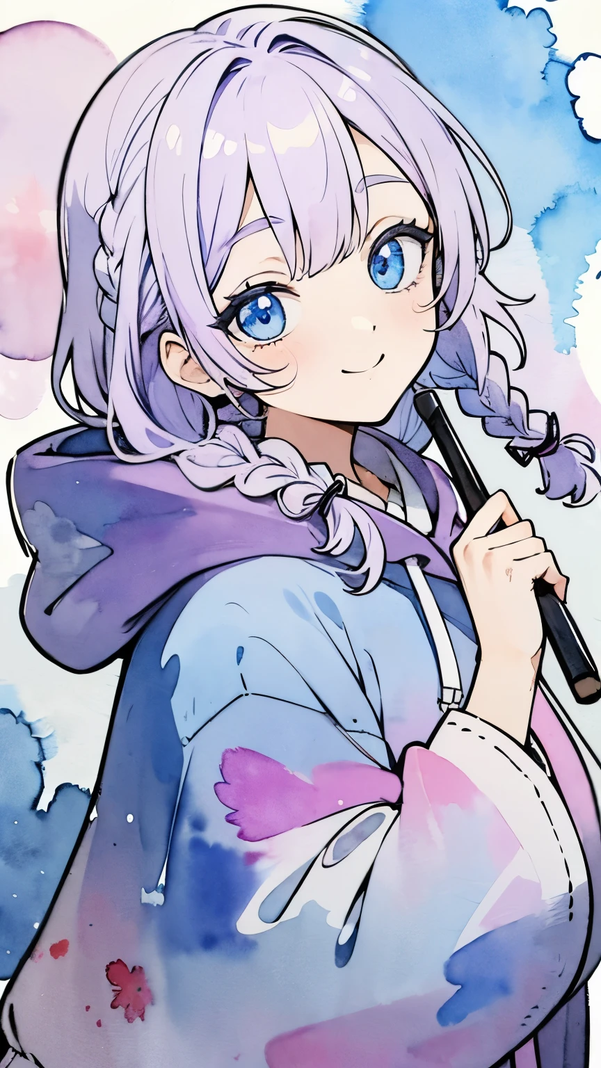 Line art, masterpiece, highest quality, Super Detail、Braid、Oversized hoodie,smile,(((Watercolor touch))),Light purple hair、Beautiful bright blue eyes