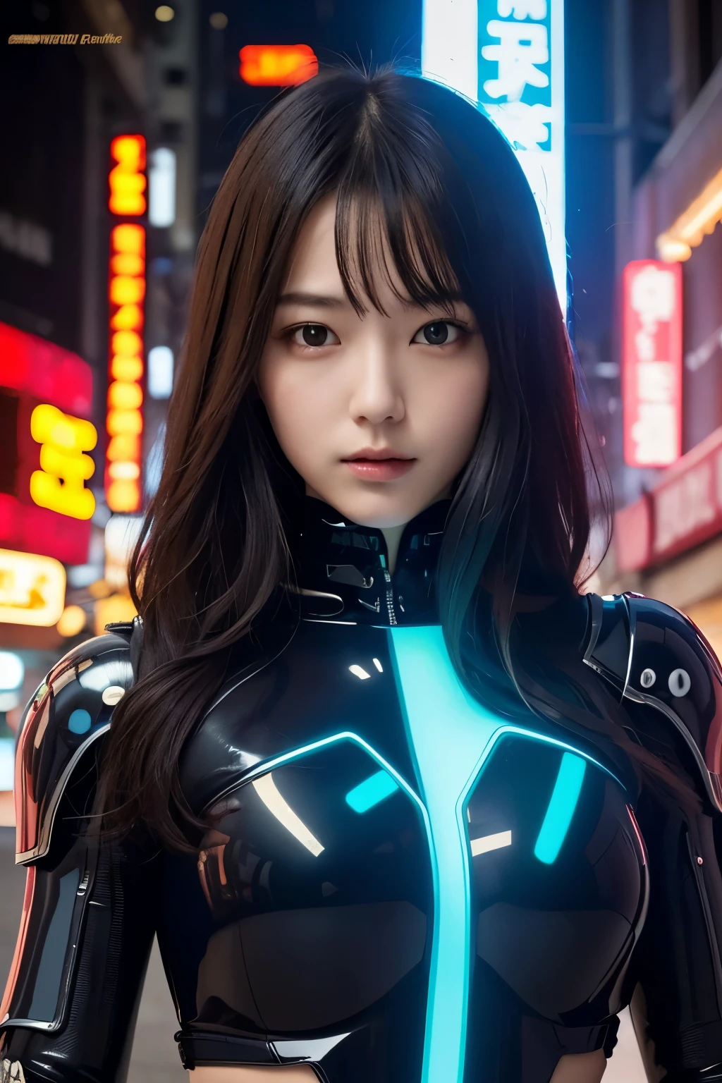 ((best quality)), ((masterpiece)), (detailed), perfect face,Cyberpunk Japanese girl, red latex battle armour suit with yellow kanji, robot factory, neon signs, pistol
