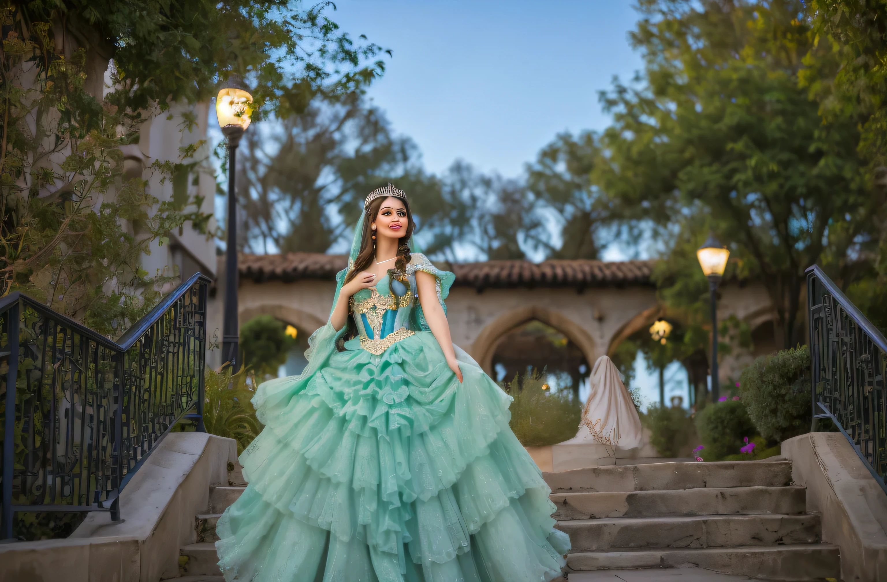 Araffe vestida con un vestido verde de pie sobre unas escaleras., spanish princess, hermosa princesa femenina, princesa hermosa, tomada con canon eos 5 d mark iv, Princess Jasmine, retrato de vestido azul claro, princesa medieval, fantasy photo shoot, vistiendo un vestido de organza, lovely languid princess, vestido hermoso vestido, tomada con canon 5d mk4