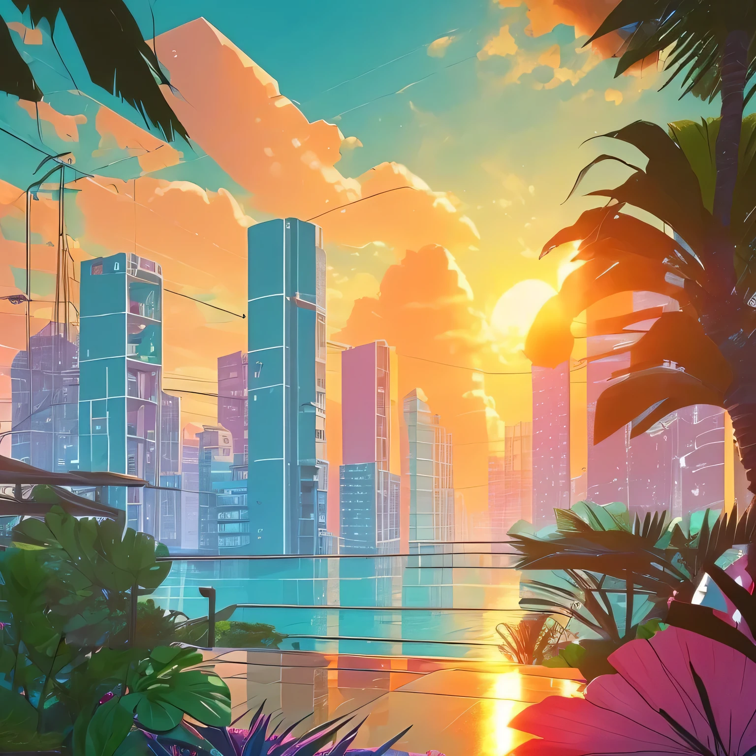 tropical plants, vibrant, saturation, warm, green, sunset