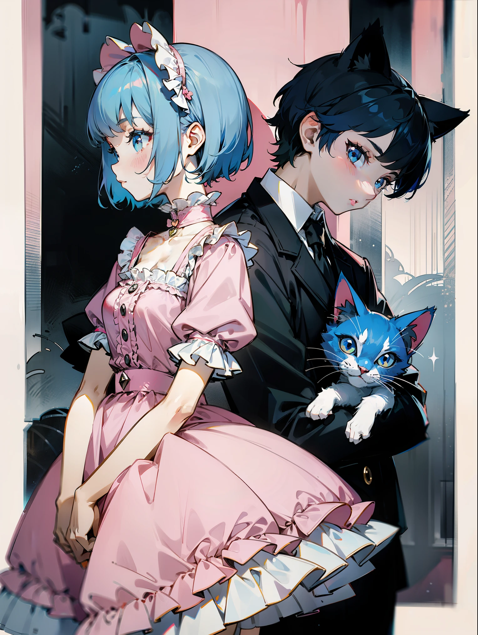 Young woman, girl cat, blue hair, short hair, Pink dress, , lolita
