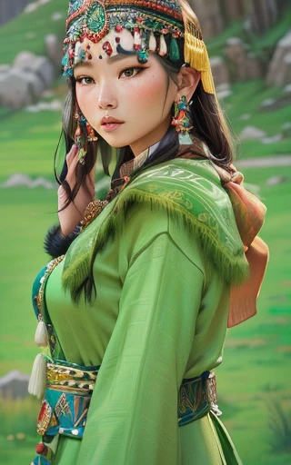 Arafed woman in green dress with headdress and scarf, traditional clothes, young shaman, Traditional costume, She is dressed in shamanic clothes, young woman in the image of Genghis Khan, traditional outfit, traditional clothes, Ancient Young Girl Libu, traditional beauty, inspired by Liu Ji, wear traditional clothes, Beautiful Himalayan woman, Authentic costume