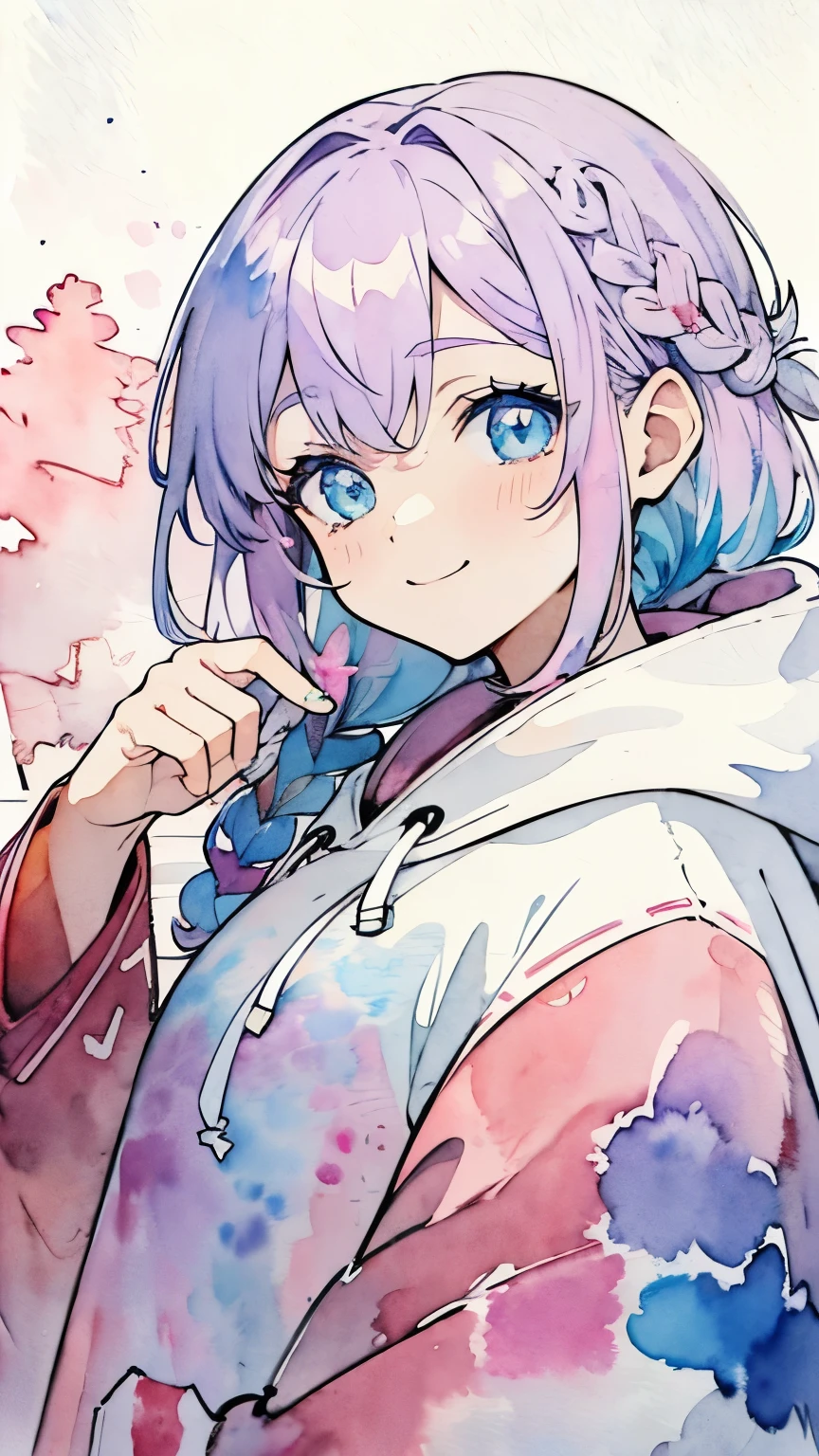 Line art, masterpiece, highest quality, Super Detail、Braid、Oversized hoodie,smile,((((Watercolor touch)))),Light purple hair、Beautiful bright blue eyes,Multi-colored hair