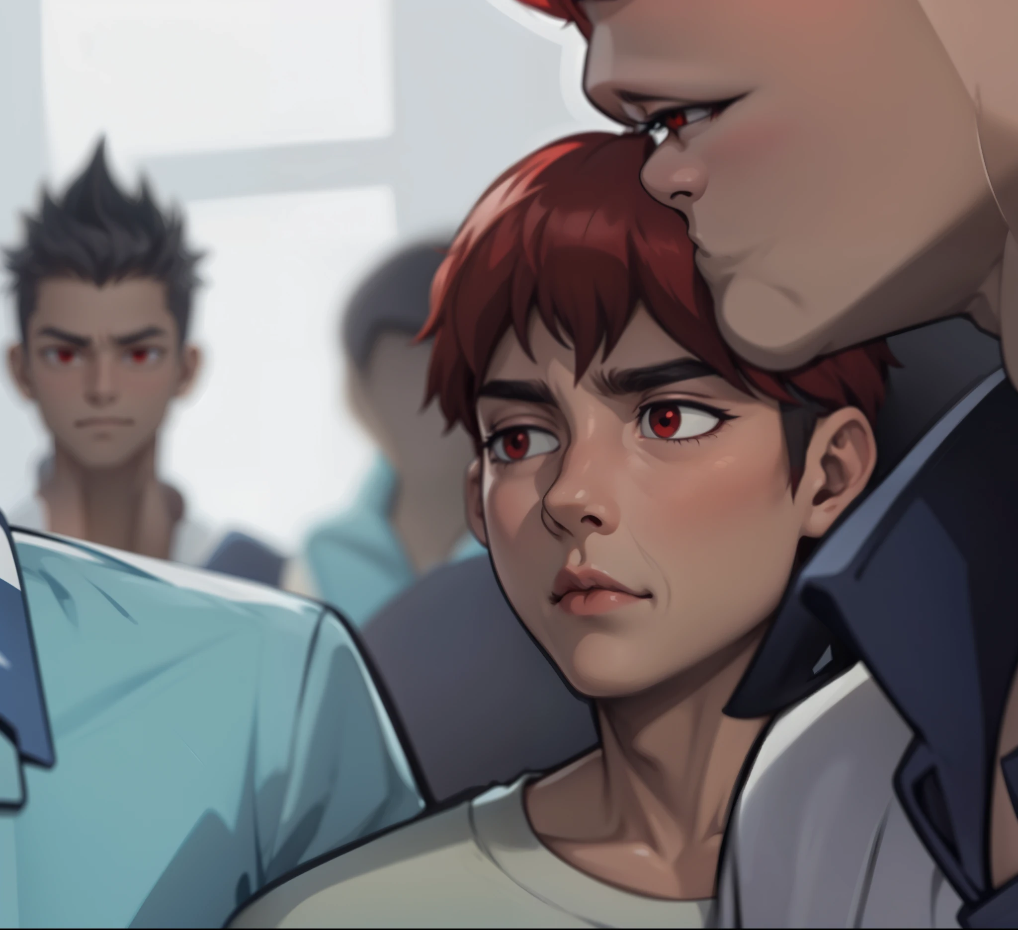boy red eyes red hair is suspecting someone
