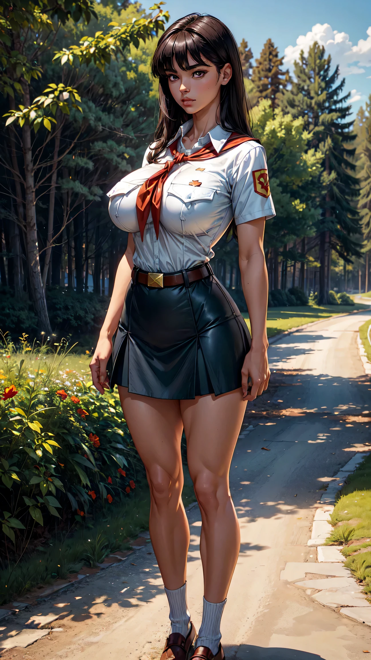 8k, high quality picture, high detailed picture, sunny day, open sky, (full body shot:1.3), tall fit girl, very long staright hair, brown with a black tint hair, smooth bangs, perfect brown eyes, neat dark eyebrows, plump lips, pale skin, (muscular girl:1.1), strong heaps, (accurate huge breast:1.2), bursting breast, wide hips, pioneer neckerchief, tight short blue skirt, white shirt, short sleeves, collared shirt, belt, eyelashes, red neckerchief, breast pocket, nipples trough clothes