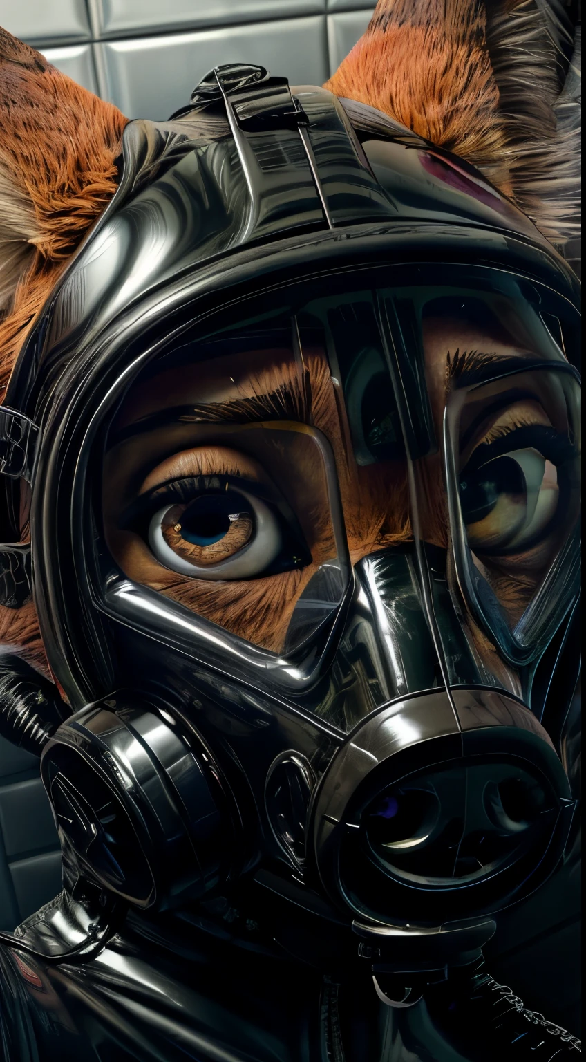 Photograph, realistic, 4k, Solo, furry, Nick Wilde, black rubber, padded room, (latex suit), looking at viewer, sweating everywhere , (detailed eyes, white sclera, ultra detailed eyes), extreme close up, ((selfie POV)), gas mask, pastel gas mask 