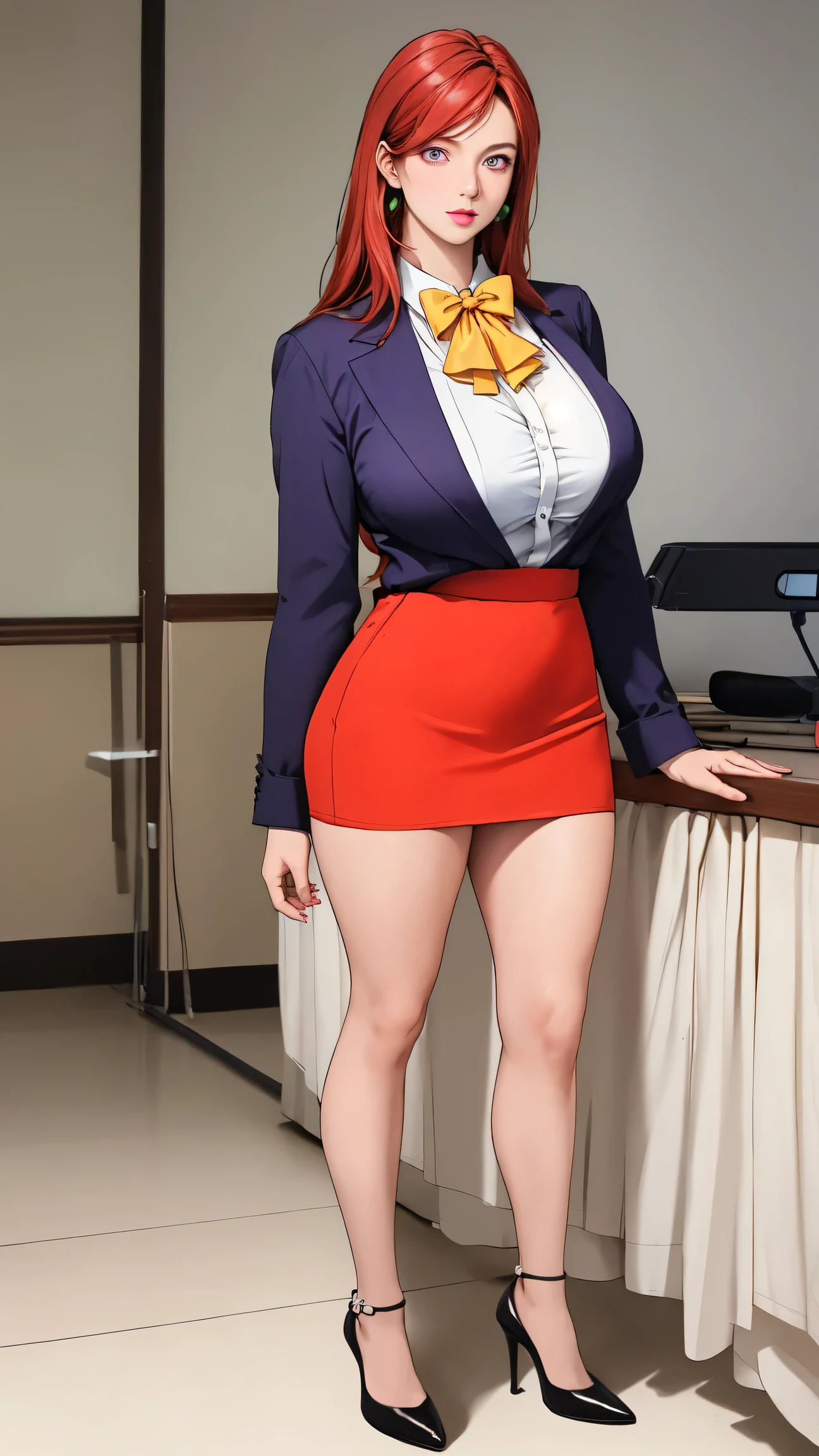 masterpiece, best quality, finely detailed, 1 girl, full body photos,facial expression of patience,(brown short hair), (bishoujo),(furrowed brow),(disapproving expression),(I want you to show me your pants while making a disgusting face), (fair skin),(brown eyes), (eyelashes), (huge breasts), (cleavage), (blue ladies' shirt:1.2), (mini office skirt:1.2),(white skirt), (pure white panties:1.2) ,can see panties, delicate interior design,legs open emphasis,erection,white walls, in library