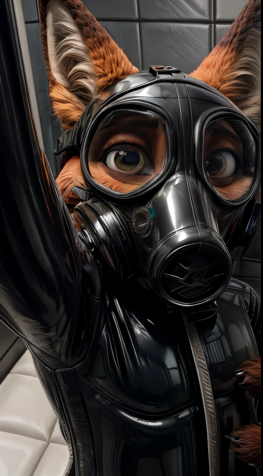 Photograph, realistic, 4k, Solo, furry, Nick Wilde, black rubber, padded room, (latex suit), looking at viewer, sweating everywhere , (detailed eyes, white sclera, ultra detailed eyes), extreme close up, in love, lustful, smug, masturbating, penis, ejaculating, cum, ((selfie POV)), gas mask, pastel gas mask 