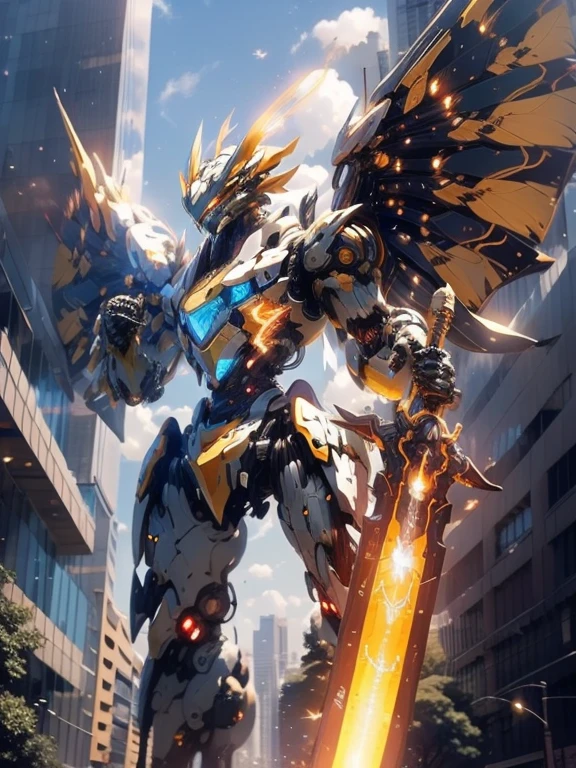 Skysky,nubes,(sosteniendo un arma),con luz brillando,,edificio,ojos de luz brillante,scientific fiction,ciudad en llamas,Realistic and mechanical wings.,(alas de robot),Dragon-shaped robot,arma brillante,sables de luz,ciudad de guerra,1 chico,