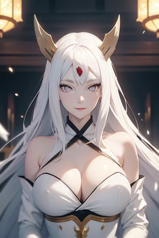 shoulder-length white hair, horns, light effect, soft, super clear, high-definition picture, (front), masterpiece, cinematic lighting, Kaguya Otsusuki, white colorless eyes, no pupils, 1girl, solo, looking at viewer, smile, large breast, open shoulder, gold-white long dress, wine glass holding, gala dinner