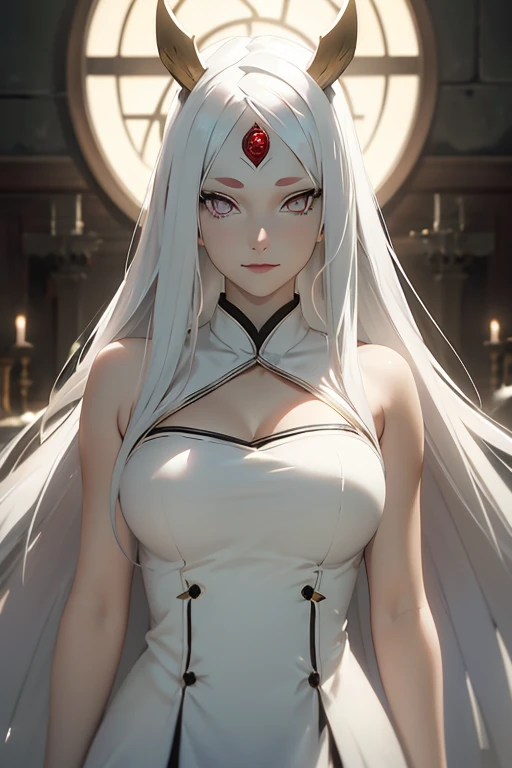 shoulder-length white hair, horns, third eye, light effect, soft, super clear, high-definition picture, (front), masterpiece, cinematic lighting, Kaguya Otsusuki, white colorless eyes, no pupils, 1girl, solo, looking at viewer, smile, large breast, open shoulder, gold-white long dress, wine glass holding, gala dinner