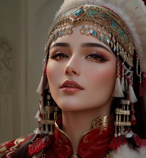 close-up of a woman in a headdress and a red dress, inspired by Liu Ji, traditional beauty, beautiful iranian woman, looks like ebru sahin, based on Fikret Mualla Saygin, & her facial expression is solemn, Ancient Princess Libu, very very beautiful woman, inspired by Altun Sultan