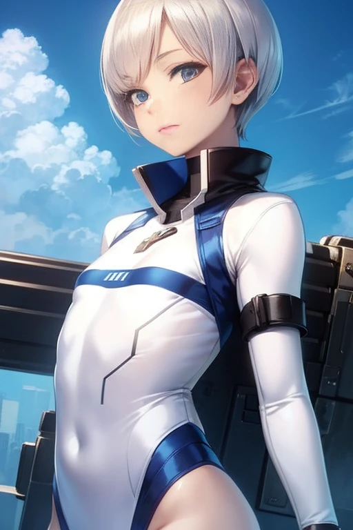 White combat suit with blue pattern, pretty girl, Pixie Cut Hair, Small breasts, Flat Chest, Outdoor, blue sky, Canon, masterpiece, high quality, Attention to detail, Textured skin