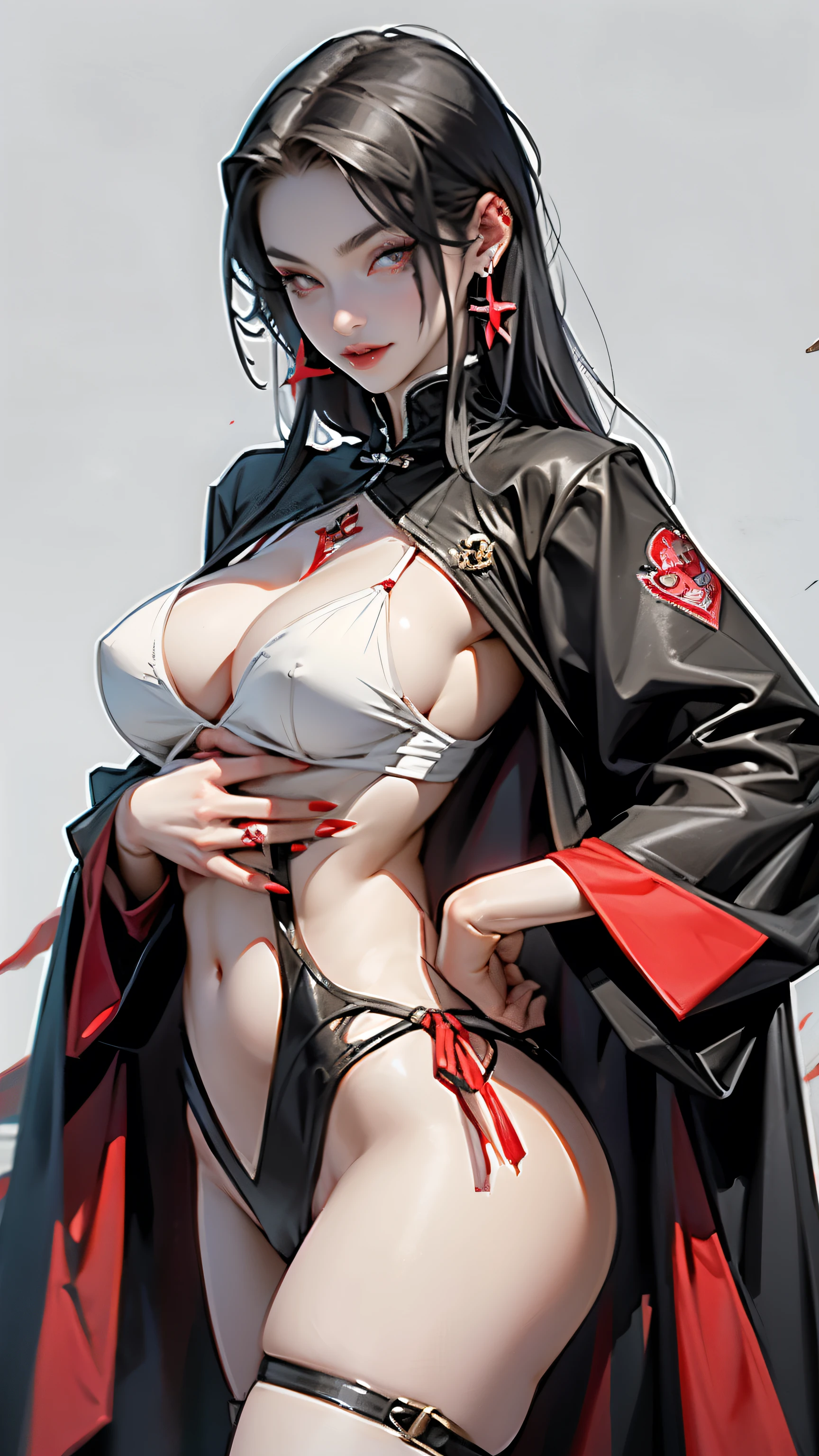 Female Dracula with sexy body big breasts white teeth and red eyes like blood wearing a black robe