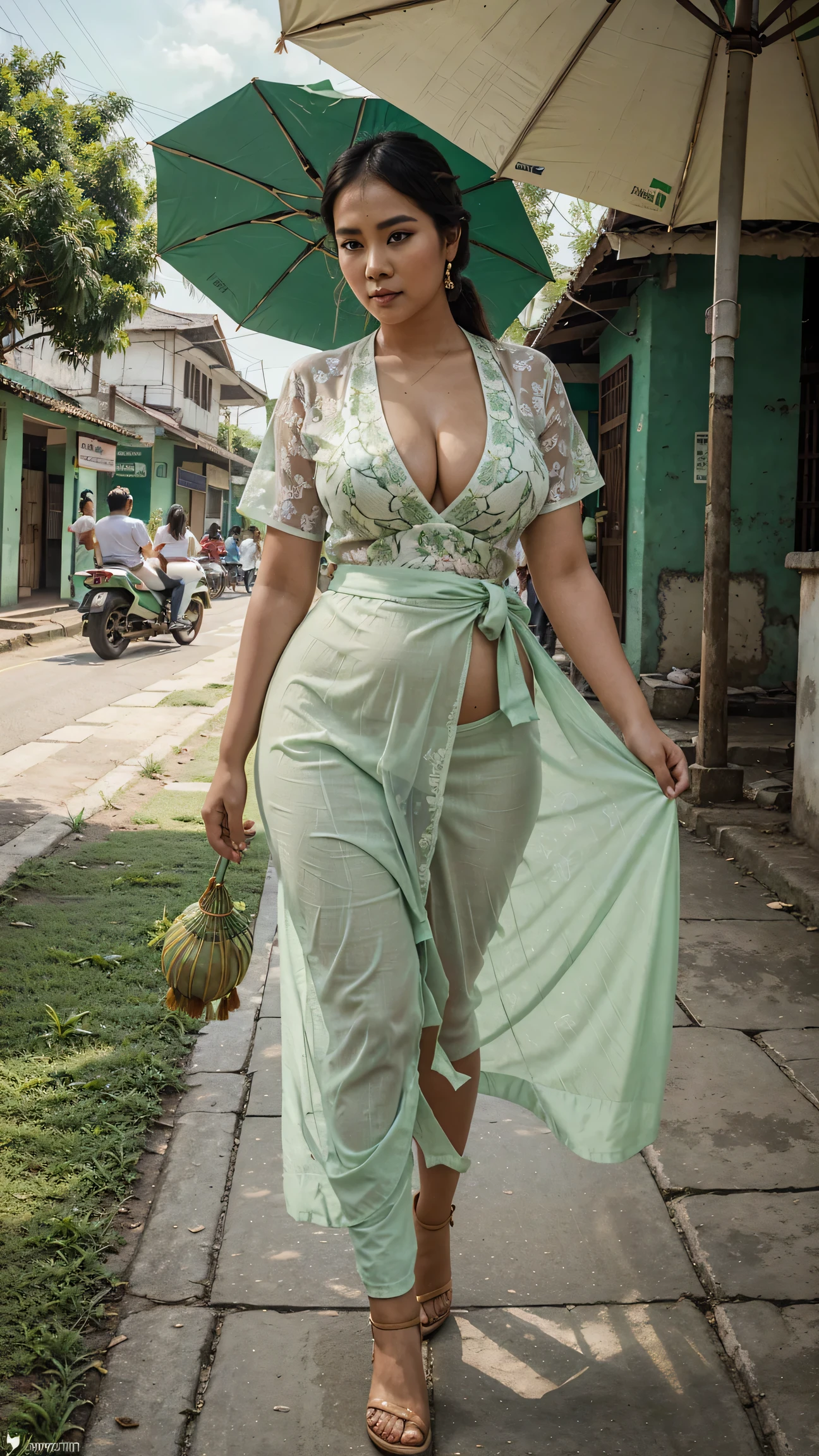 age 65 years old ,busty mature old Asian mom , wet tits , topless , looking to her tits , ultra realistic , in street , dancing in public , wearing bottom with shiny sheer transparent green pantyhose , latex gloves yellow , no bra , tits fully visible