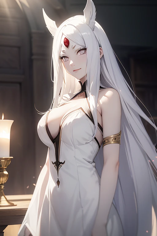 shoulder-length white hair, horns, third eye, light effect, soft, super clear, high-definition picture, (front), masterpiece, cinematic lighting, Kaguya Otsusuki, white colorless eyes, no pupils, 1girl, solo, looking at viewer, smile, large breast, open shoulder, white long dress, wine glass holding, gala dinner