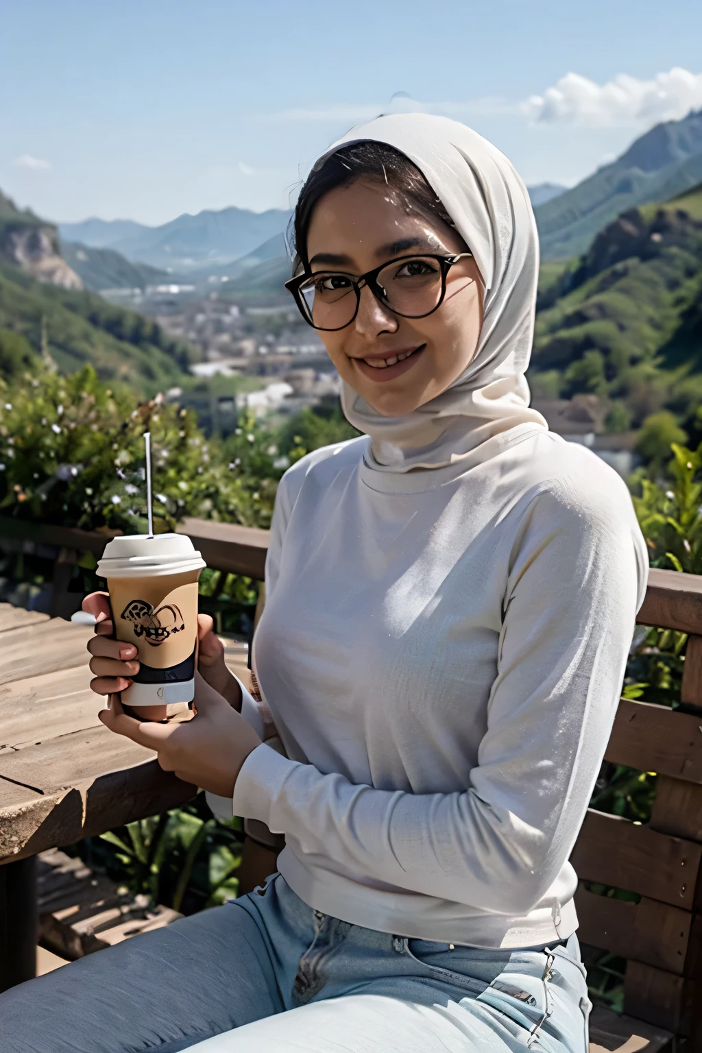 ((best quality)), ((masterpiece)), (detailed), perfect face A Typical Instagram selfie taken on I Phone,A young beautiful hijabi woman wearing blue cardigans,white t-shirt ,big white sleep pants glasses,hold coffe,sitting at the bch ,poses in front of a beautiful mountain landscape, smiling brightly,looks happy but tired,pose cozy,the image is a phone shot of high quality attached,wide angle --ar 4:5 --style raw --s 50 --v 6.0