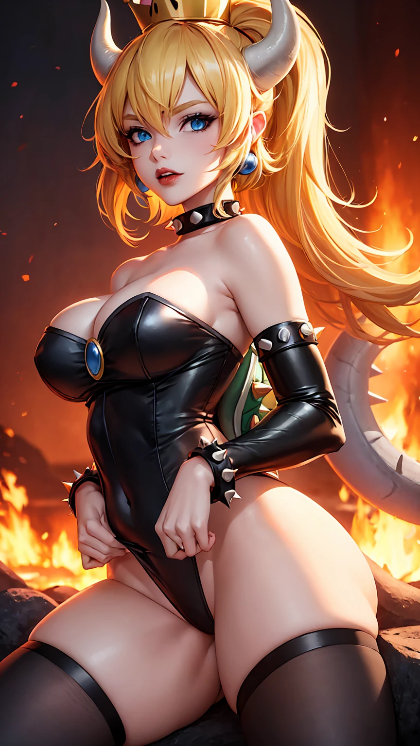 ((high detailed, best quality, 4k, masterpiece, hd:1.3)), ((best quality)), (((HD))), (((8k))), (ultraDH), (ultra HD), Princess Daisy, blue eyes, BREAK blue eyes, seductive, attractive, smooth anime cg art, 36C breasts, long legs, vivid colors, detailed digital art, slim body, perfect skin, dark blonde hair, long hair, blonde hair, blonde hair, BREAK crown, cleavage, 36C cleavage, looking at viewer, BREAK looking at viewer, extremely detailed face, red santa suit, red santa claus suit, santa claus suit, earrings, gem, dark black makeup lips, dark gothic eyeshadows, dark eyeshadows, black eyeshadows, black sexy lips, black lips, (dark:1.2), dark lips, very dark lips, (perfect hands, perfect anatomy), black makeup, black medium lips, black thick lips, detailed fingers, five fingers per hand, 5 fingers, (1 girl), detailed lips, detailed black lips, black painted lips, gothic painted lips, BREAK night, night sky, (breast focus), (arms outstreched:1.2), (from above:1.1), (breasts out:1.3), (off shoulder:1.1), (white horns), (corset), inside a lava castle, she inside a sea of lava, she bathing in lava, (((Bowsette like a busty pornstar))), (((fuckable breasts))), (((paizuri pornstar))), (((titjob specialist))), (((Hot cleavage)))