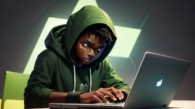 a abstract image for a coding challenge, dark-skinned boy wearing a dark-green hoodie, typing on a laptop