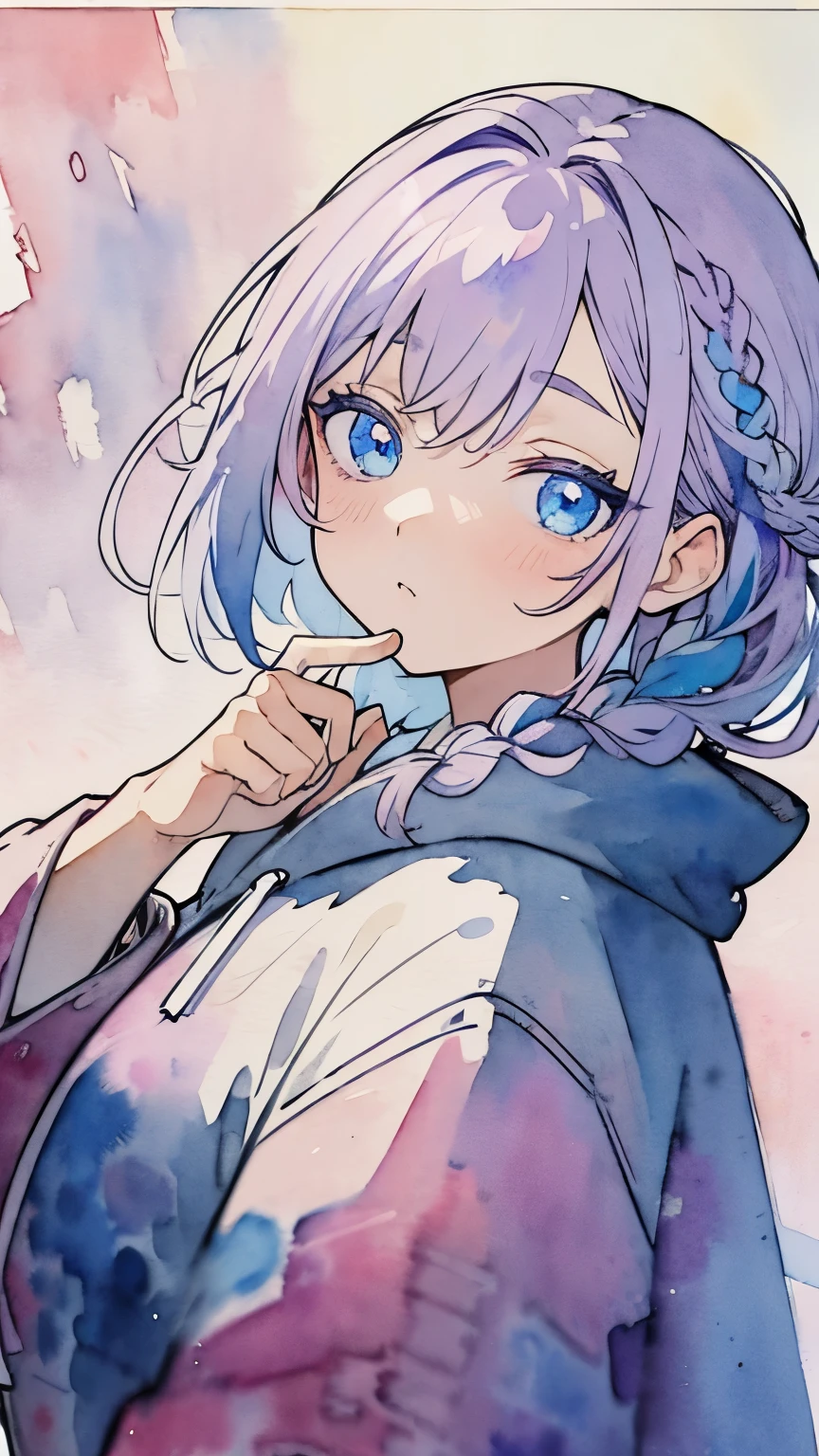 Line art, masterpiece, highest quality, Super Detail、Braid、Oversized hoodie,((((Watercolor touch)))),Light purple hair、Beautiful bright blue eyes,Multi-colored hair