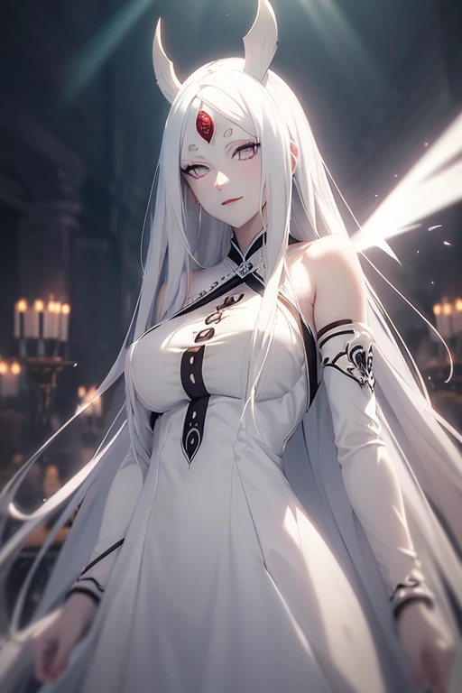 shoulder-length white hair, horns, third eye, light effect, soft, super clear, high-definition picture, (front), masterpiece, cinematic lighting, Kaguya Otsusuki, white colorless eyes, no pupils, 1girl, solo, looking at viewer, smile, large breast, open shoulder, white long dress, wine glass holding, gala dinner