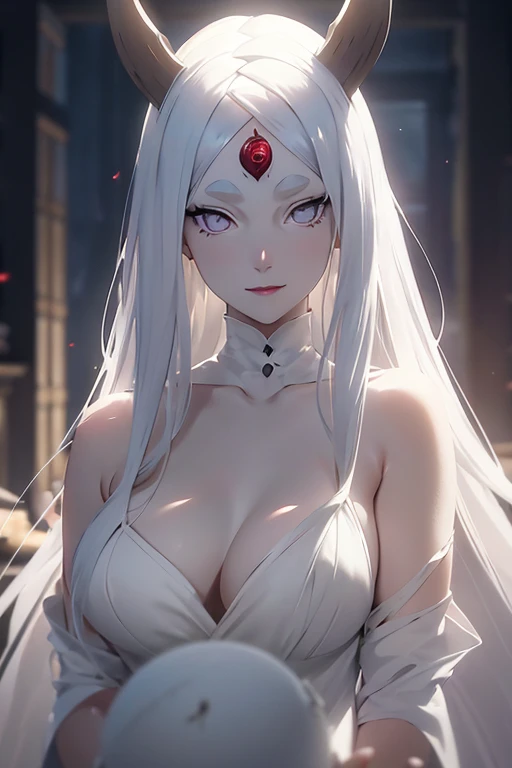 shoulder-length white hair, horns, third eye, light effect, soft, super clear, high-definition picture, (front), masterpiece, cinematic lighting, Kaguya Otsusuki, white colorless eyes, no pupils, 1girl, solo, looking at viewer, smile, large breast, open shoulder, white long dress, wine glass raise, gala dinner