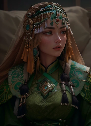 close-up of a woman in a headdress and green dress, inspired by Liu Ji, frame from a science fiction film, inspired by Osman Hamdi Bey, Kazakh empress, more from the movie, Ancient Princess Libu, Imogen Poots as a holy warrior, young woman in the image of Genghis Khan, Persian queen, frame from an unearthly world
