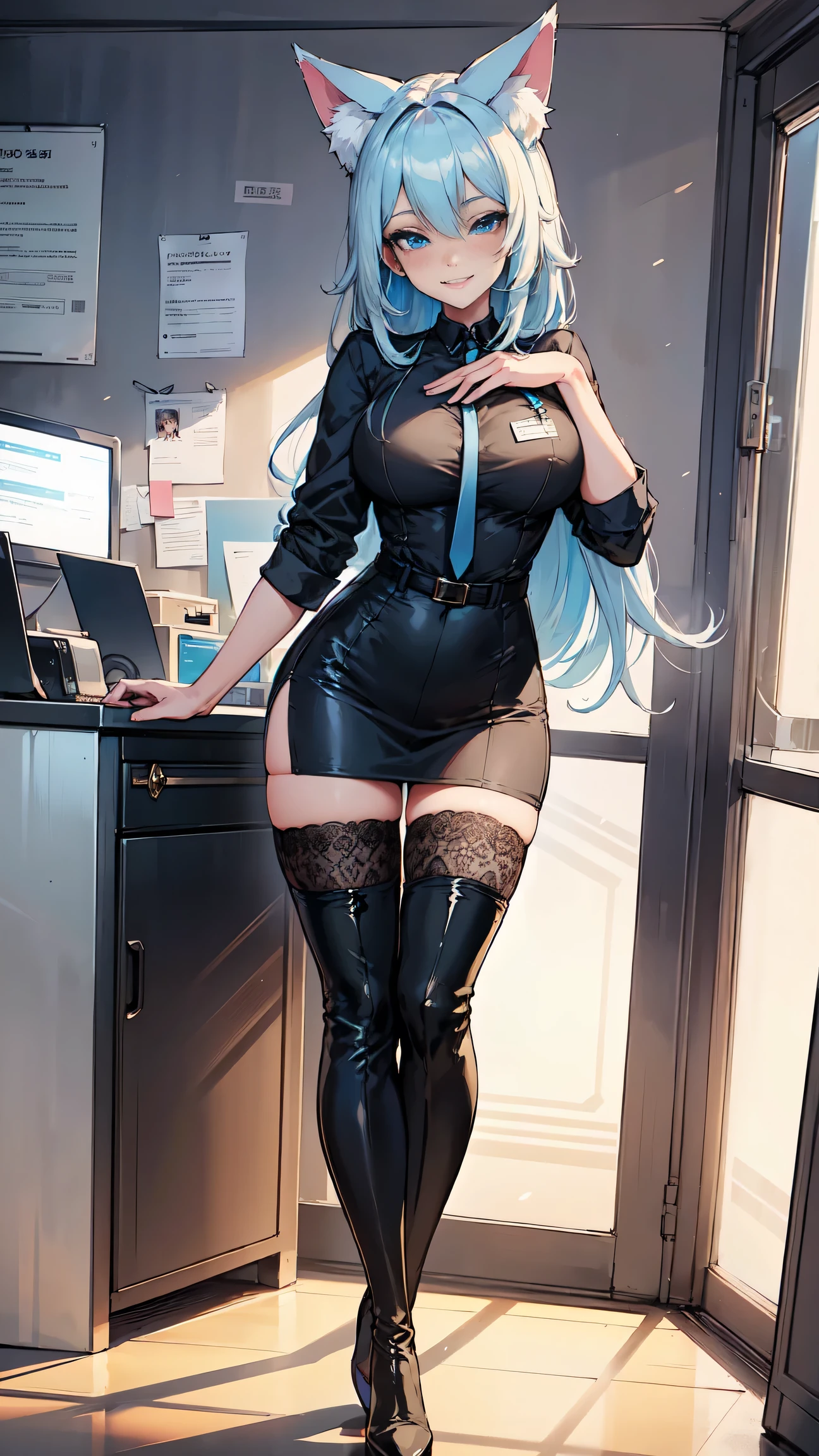 Masterpiece, 8k, art style by sciamano240, very detailed face, detailed clothes, detailed fabric, 1girl, beautiful face, asymmetrical long hair, light blue hair, wearing cute office clothes, Dior thigh boots, very detailed blue cat eyes, posing standing up , cute smirk, sunny office setting, full body view,