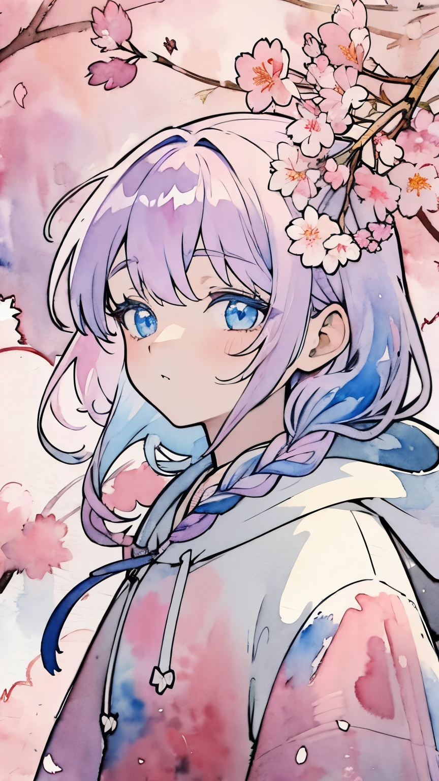 Line art, masterpiece, highest quality, Super Detail、Braid、Oversized hoodie,((((Watercolor touch)))),Light purple hair、Beautiful bright blue eyes,Multi-colored hair、Cherry blossom petals are falling、Pale background