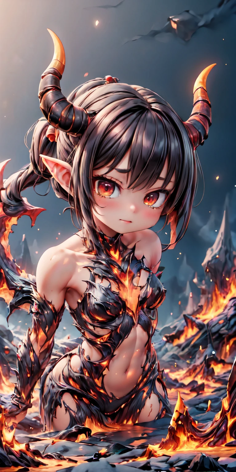 best quality, masterpiece, magma material, horned demon girl (made of magma), (body made of magma), magma material, magma demon, SFW