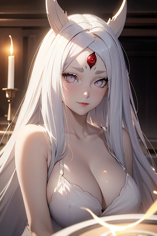 shoulder-length white hair, horns, third eye, light effect, soft, super clear, high-definition picture, (front), masterpiece, cinematic lighting, Kaguya Otsusuki, white colorless eyes, no pupils, 1girl, solo, looking at viewer, smile, large breast, open shoulder, white long dress, wine glass raise, gala dinner, rich