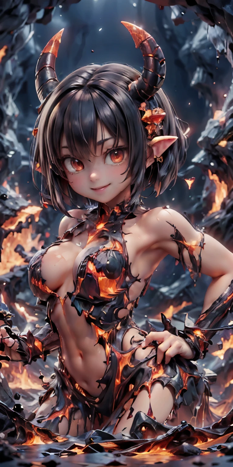 best quality, masterpiece, magma material, horned demon girl smiling (made of magma), (((body made of magma))), photoshoot pose, dynamic pose, magma material, SFW