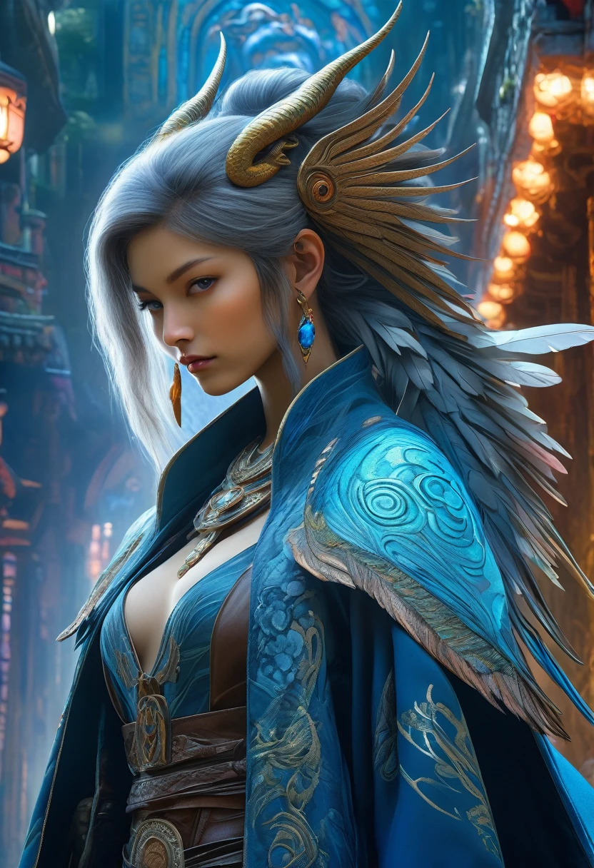 best quality,4k,8k,highres,masterpiece:1.2,ultra-detailed,realistic:1.37,HDR,UHD,studio lighting,ultra-fine painting,sharp focus,physically-based rendering,(Yoshitaka Amano style:1.1),SFW,(safe for work), A 40 years old woman and her guardian familiar, mystical creature,otherworldly creature,enchanting companions,wearing stylish futuristic clothes,inspired by Phantasy Star Online, dynamic poses, (The woman, with her eyes brightly colored, no makeup and her israeli facial features elegantly detailed, adding to her allure. Dressed in elegant casual clothes with a stylish futuristic jacket.), (She is accompanied by a guardian Quetzalcoatl, a feathered serpent carrying the wind jewel. The creature's presence adds a sense of wonder and magic to the scene.), (The woman and her companion stand in a dark and gothic city, a modern metropolis with surreal plants, and vibrant signs. The colors are vibrant, with a mixture of dark blues, browns, and pale reds creating a dreamlike atmosphere.), (The lighting is soft but illuminating, casting a gentle glow on both the woman and the creature.), (The overall composition has a realistic and photorealistic quality, capturing the essence of the scene in intricate detail.), (The art style is inspired by Yoshitaka Amano, known for his ethereal and otherworldly illustrations. The combination of realistic elements with the artist's unique style creates a captivating and visually stunning image.),Greg Rutkowski