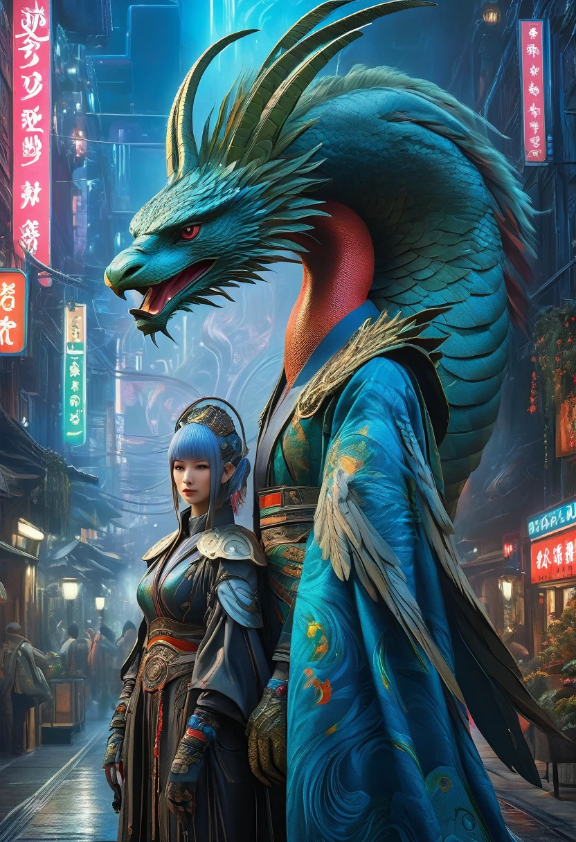 best quality,4k,8k,highres,masterpiece:1.2,ultra-detailed,realistic:1.37,HDR,UHD,studio lighting,ultra-fine painting,sharp focus,physically-based rendering,(Yoshitaka Amano style:1.1),SFW,(safe for work), A 40 years old woman and her guardian familiar, mystical creature,otherworldly creature,enchanting companions,wearing stylish futuristic clothes,inspired by Phantasy Star Online, dynamic poses, (The woman, with her eyes brightly colored, no makeup and her israeli facial features elegantly detailed, adding to her allure. Dressed in elegant casual clothes with a stylish futuristic jacket.), (She is accompanied by a guardian Quetzalcoatl, a feathered serpent carrying the wind jewel. The creature's presence adds a sense of wonder and magic to the scene.), (The woman and her companion stand in a dark and gothic city, a modern metropolis with surreal plants, and vibrant signs. The colors are vibrant, with a mixture of dark blues, browns, and pale reds creating a dreamlike atmosphere.), (The lighting is soft but illuminating, casting a gentle glow on both the woman and the creature.), (The overall composition has a realistic and photorealistic quality, capturing the essence of the scene in intricate detail.), (The art style is inspired by Yoshitaka Amano, known for his ethereal and otherworldly illustrations. The combination of realistic elements with the artist's unique style creates a captivating and visually stunning image.),Greg Rutkowski