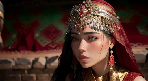 woman in a red headdress and a red veil, Middle Eastern Skin, Ancient Princess Libu, young woman in the image of Genghis Khan, frame from the series, Imogen Poots as a holy warrior, screenshot from the film, still from the film, The price of the movie "Persia", Dorn, still still from the film, Greek Amira Al Tawil