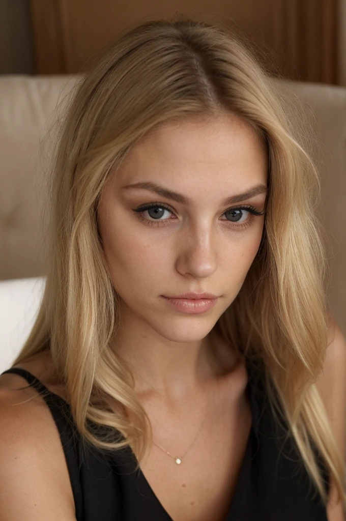 (blond hair),(beautiful detailed eyes,beautiful detailed lips),(y look),(black sexress),(supermodel),(looking directly into the camera),(in the house),(sitting on bed),(above the chest),(vivid colors),(sharp focus),(studio lighting),(realistic),(photorealistic:1.37),(ultra-detailed),(professional),(portrait),(dark background),(blurred foreground),(bokeh)