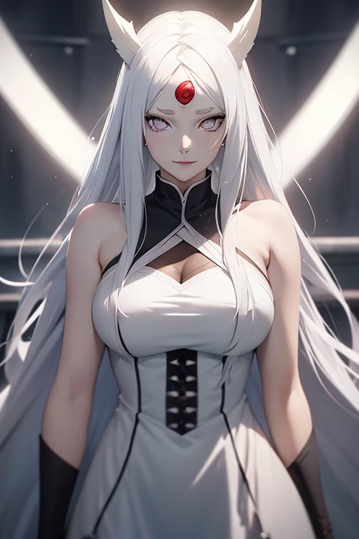 shoulder-length white hair, horns, third eye, light effect, soft, super clear, high-definition picture, (front), masterpiece, cinematic lighting, Hinata Uzumaki, white eyes, byakugan eyes, black long hair, no pupils, 1girl, solo, looking at viewer, smile, large breast, open shoulder, black long dress, wine glass raise, gala dinner, rich