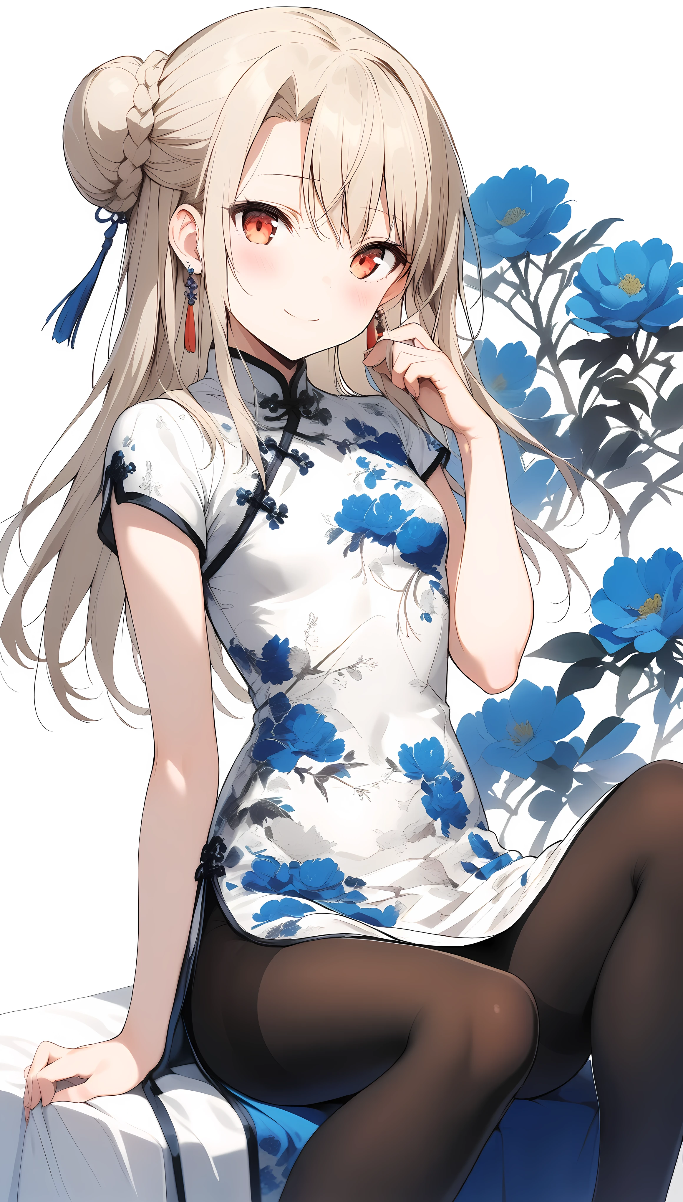 qipao,1girl,(illyasviel von einzbern),red_eyes,cream hair,(french braid),smile,blue flower,breasts,china dress,chinese clothes,dress,earrings,floral print,hand up,sitting,spread legs,long hair,looking at viewer,pantyhose,print dress,simple background,smile,solo,white background