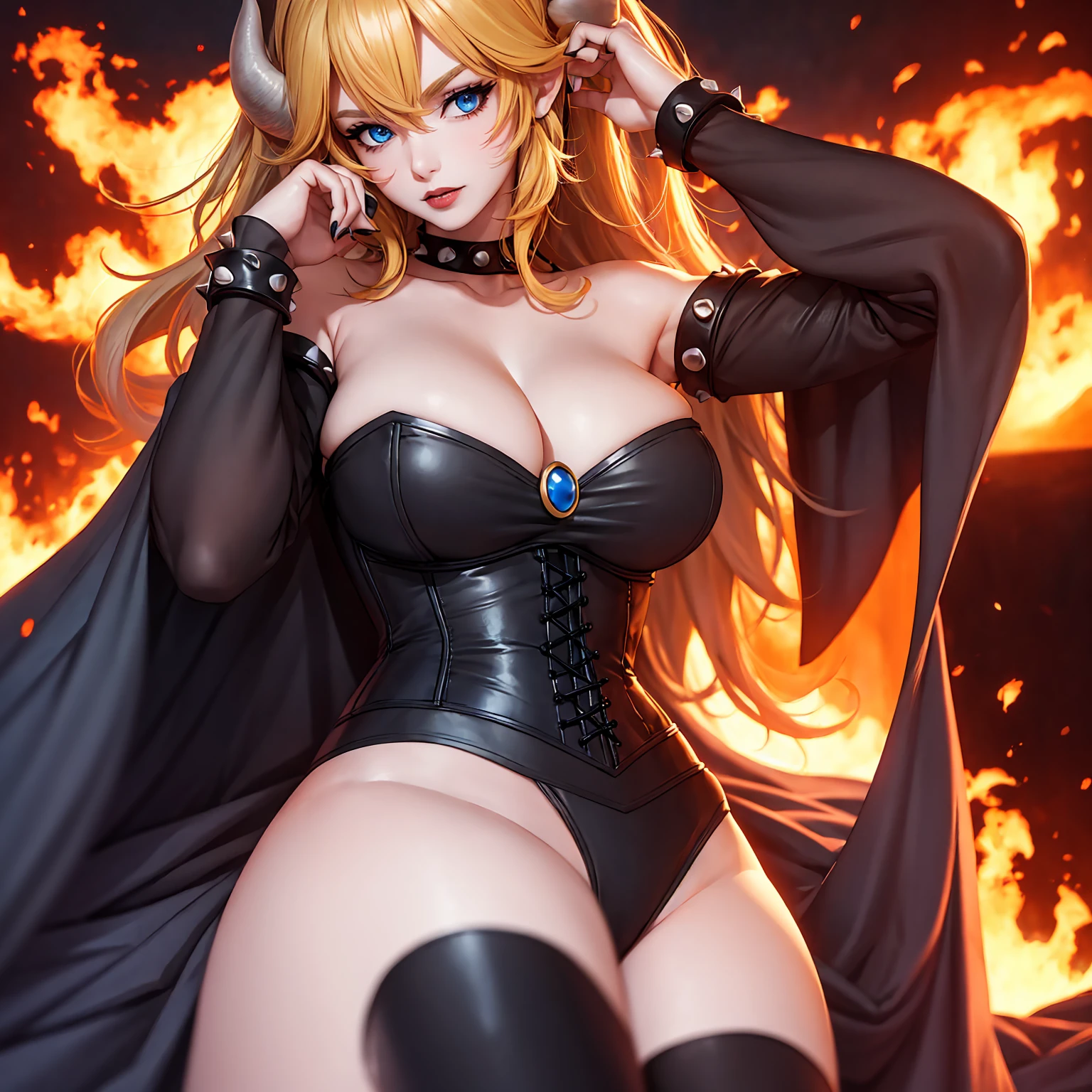 ((high detailed, best quality, 4k, masterpiece, hd:1.3)), ((best quality)), (((HD))), (((8k))), (ultraDH), (ultra HD), blue eyes, BREAK blue eyes, seductive, attractive, smooth anime cg art, 36C breasts, long legs, vivid colors, detailed digital art, slim body, perfect skin, dark blonde hair, long hair, blonde hair, blonde hair, BREAK crown, cleavage, 36C cleavage, looking at viewer, BREAK looking at viewer, extremely detailed face, red santa suit, red santa claus suit, santa claus suit, earrings, gem, dark black makeup lips, dark gothic eyeshadows, dark eyeshadows, black eyeshadows, black sexy lips, black lips, (dark:1.2), dark lips, very dark lips, (perfect hands, perfect anatomy), black makeup, black medium lips, black thick lips, detailed fingers, five fingers per hand, 5 fingers, (1 girl), detailed lips, detailed black lips, black painted lips, gothic painted lips, BREAK night, night sky, (breast focus), (arms outstreched:1.2), (from above:1.1), (((raised breasts))), (off shoulder:1.1), (white horns), (corset), inside a lava castle, she inside a sea of lava, she bathing in lava,