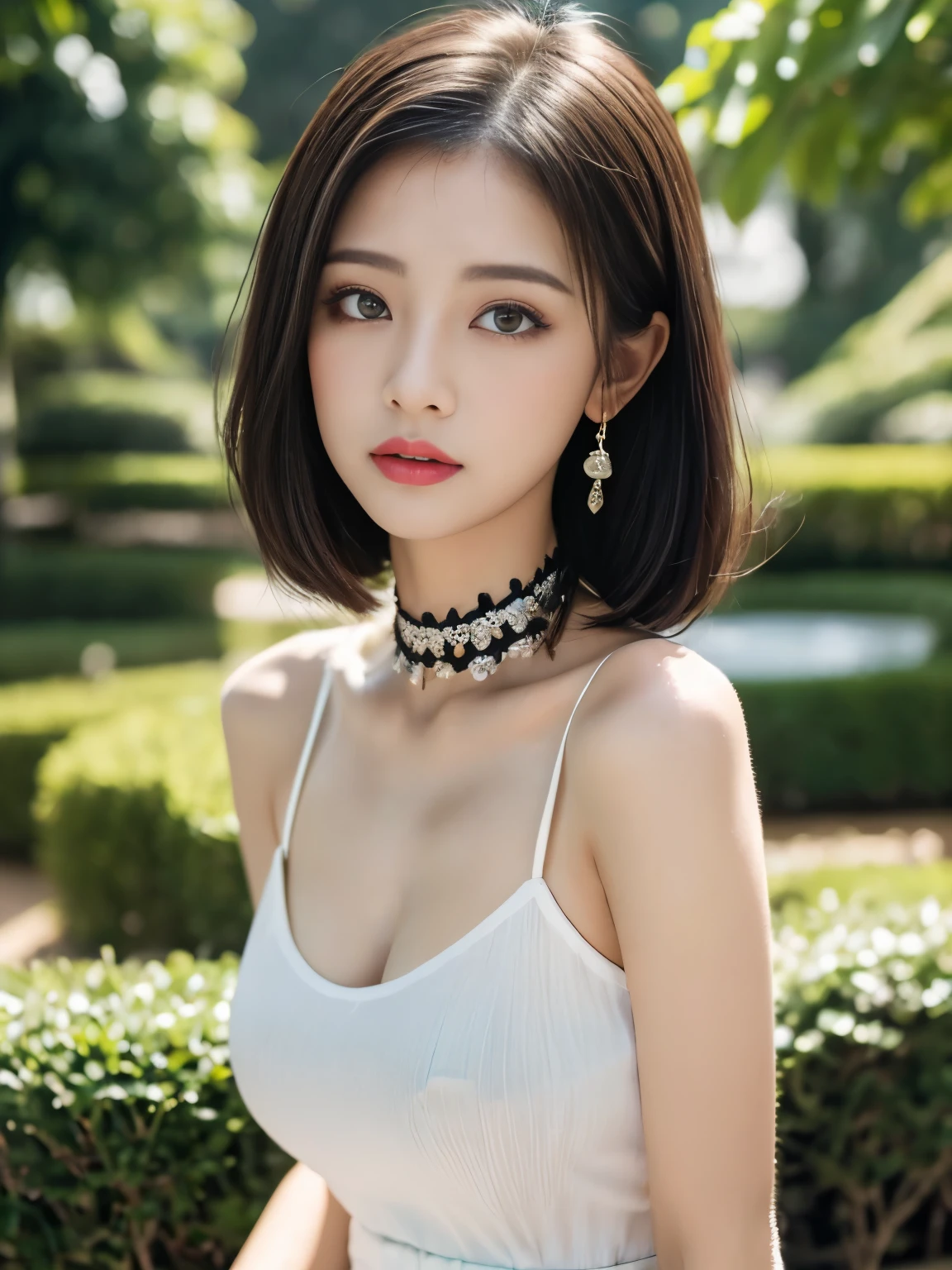 (8k, best quality, masterpiece:1.2), (realistic, photo-realistic:1.37), best quality, masterpiece, unity, an extremely delicate and beautiful, extremely detailed, Amazing, finely detail, masterpiece, best quality, official art, absurdres, incredibly absurdres, huge filesize, ultra-detailed, highres, extremely detailed, beautiful detailed girl, extremely detailed eyes and face, beautiful detailed eyes, light on face, nose blush, ((1girl)), blue eyes, green eyes, red lips, eye_makeup, short hair, bob_cut, (full_body_1.3), necklace, earrings, medium breasts, cleavage, lace_rims, tattoo, choker, slim_waist, ((firm_abs)), shiny skin, outdoor, professional lighting, detailed shadow, sharp_focus, supermodels, smiling, posing, rim lighting,,,
